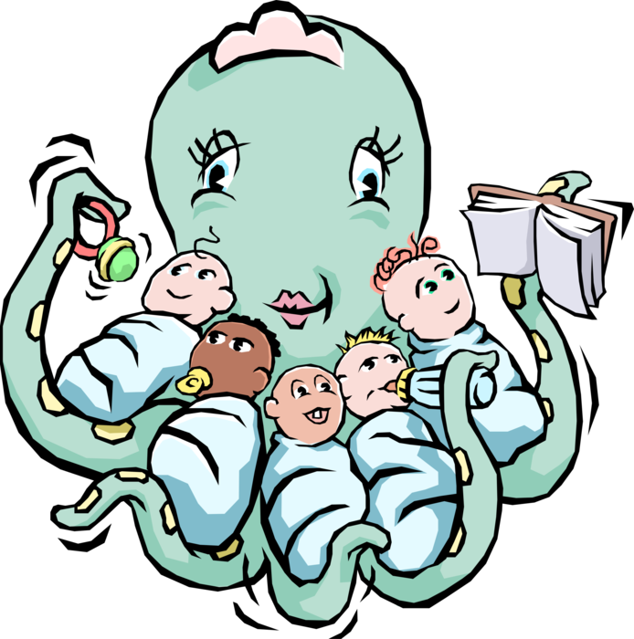 Vector Illustration of Giant Octopus Cephalopod Mollusc or Mollusk Nurse Multitasking with Newborn Babies