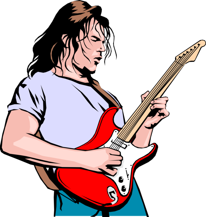 Vector Illustration of Electric Guitar Musician Bends Note on Fender Stratocaster