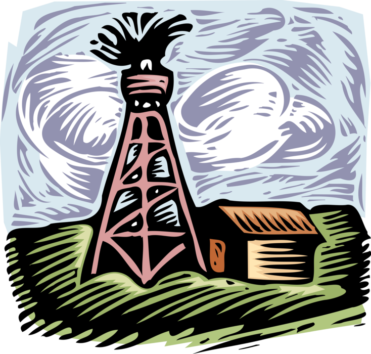 Vector Illustration of Fossil Fuel Petroleum and Gas Industry Oil Well Derrick Spews Oil from Drilling Well