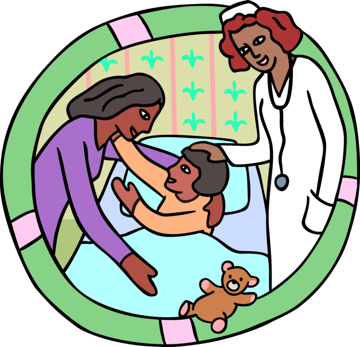 Vector Illustration of Mother Visits Child in Hospital Bed with Nurse