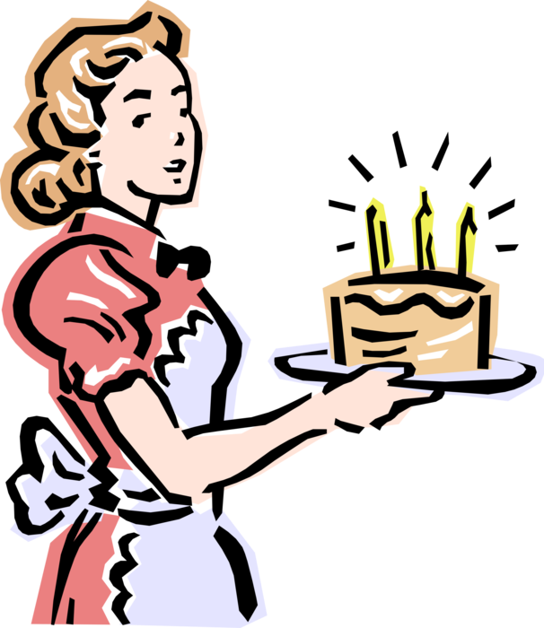 Vector Illustration of 1950's Vintage Style Mom Presents Birthday Cake with Lit Candles