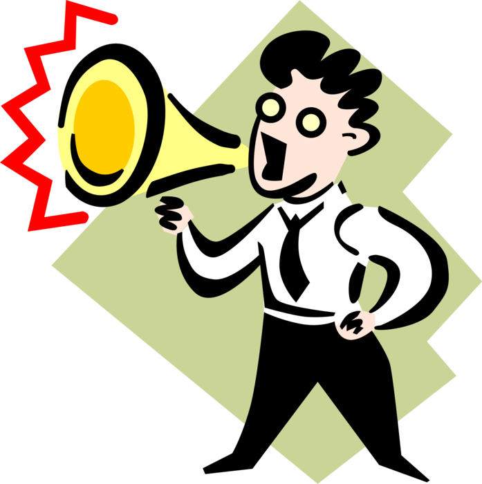 Vector Illustration of Businessman Makes Announcement with Megaphone or Bullhorn to Amplify Voice