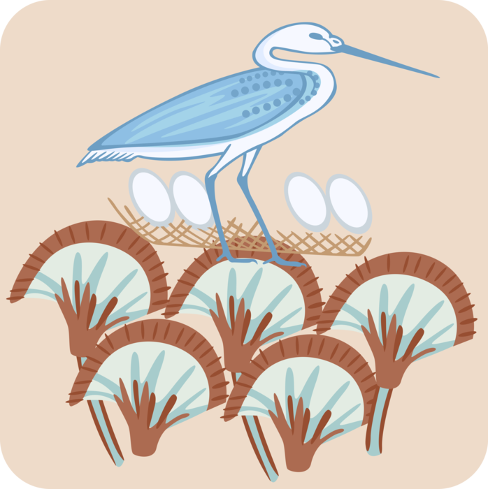 Vector Illustration of Heron Crane Bird in Nest with Eggs