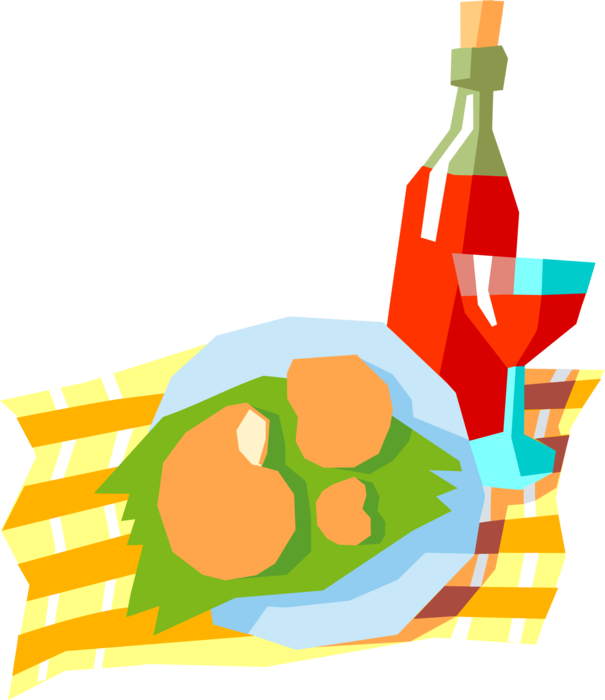 Vector Illustration of Bottle of Red Wine and Dinner on Checkered Tablecloth