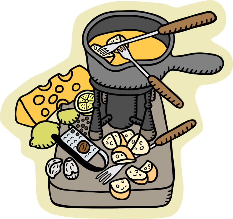 Vector Illustration of Fondue of Melted Cheese Served in Communal Fondue Pot or Caquelon