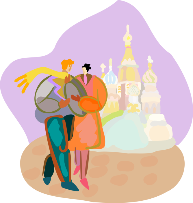 Vector Illustration of Tourists on Vacation in Moscow Russia Visit St. Basil's Christian Church Cathedral