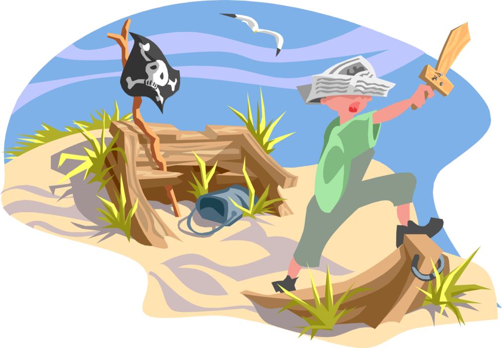 Vector Illustration of Buccaneer Child Playing on Beach in Toy Pirate Ship with Sword and Crossbones Flag