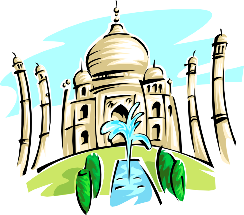 Vector Illustration of Taj Mahal Marble Mausoleum on Yamuna River in Indian City of Agra, India