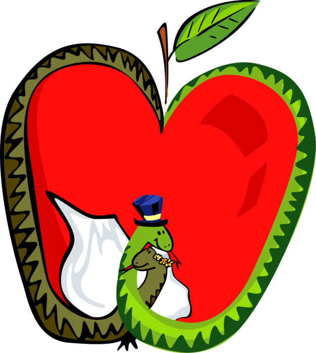 Vector Illustration of Pomaceous Edible Fruit Red Apple with Adam and Eve Retile Snakes 