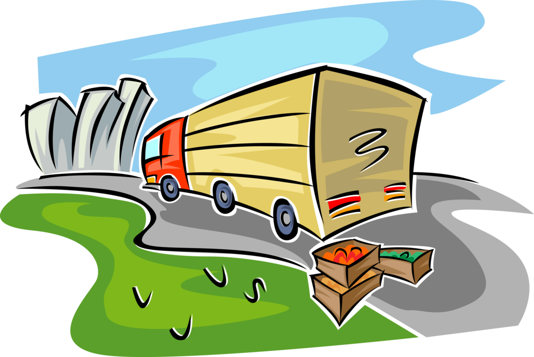 Vector Illustration of Delivery Transport Truck Vehicle with Load of Vegetables Travels Towards City
