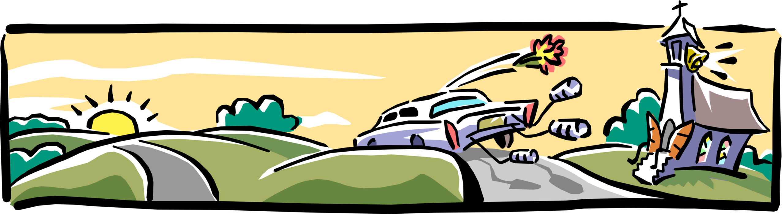 Vector Illustration of Married Couple Ride Off into the Sunset in Honeymoon Car