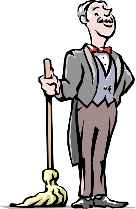 Vector Illustration of Butler Chief Manservant of Household Domestic Worker Holds Mop