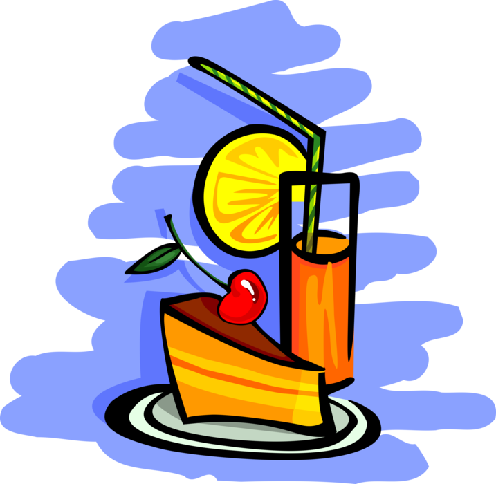 Vector Illustration of Refreshing Ice Tea Drink with Lemon, and Cheesecake Topped with Sweet Fruit Cherry Vector Illustration of Refreshing Ice Tea Drink with Lemon, and Cheesecake Topped with Sweet Fruit Cherry