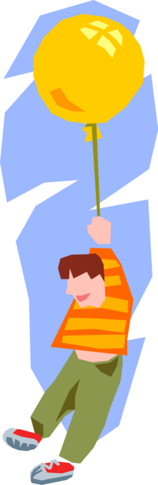 Vector Illustration of Boy Holding Balloon and Floating Skyward