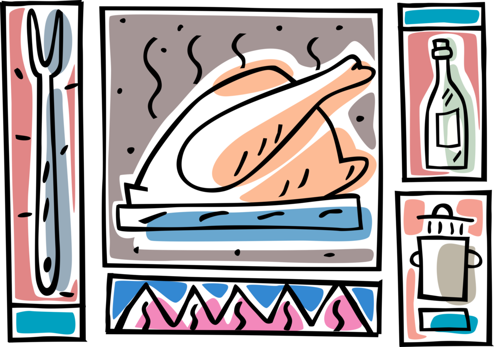 Vector Illustration of Roast Turkey Poultry with Kitchenware Tools