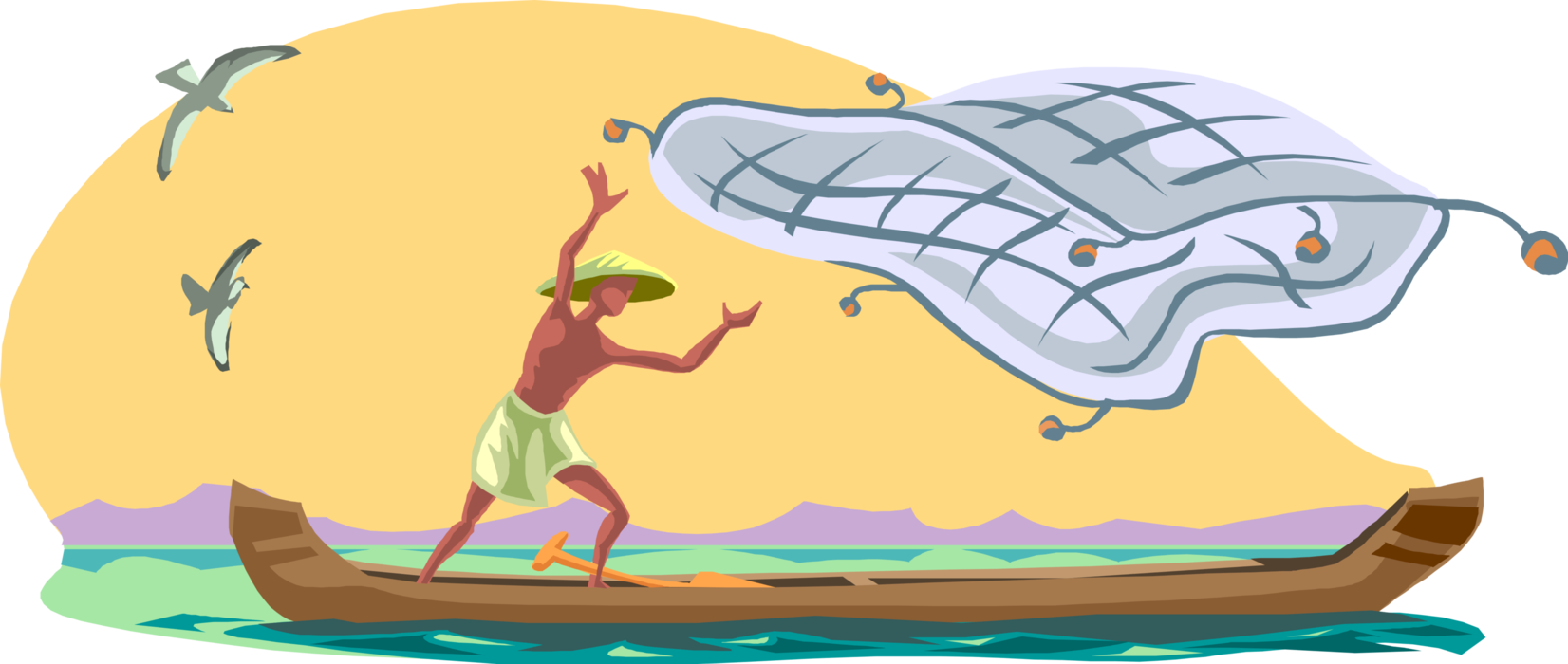 Vector Illustration of Asian Fisherman Angler Casts Fishing Net from Boat