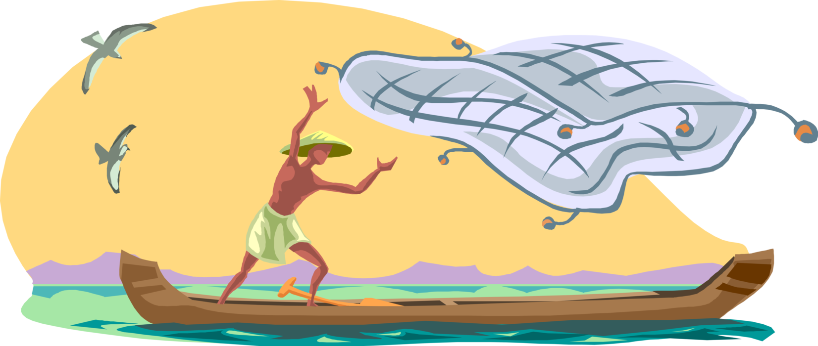 Download Asian Fisherman Casts Net from Boat - Vector Image