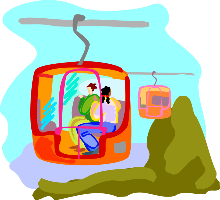 Vector Illustration of Tourists on Vacation in Chairlift Aerial Gondola in Mountains