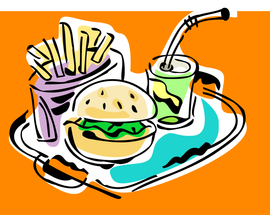 Vector Illustration of Fast Food Hamburger with French Fries and Soda Drink with Straw