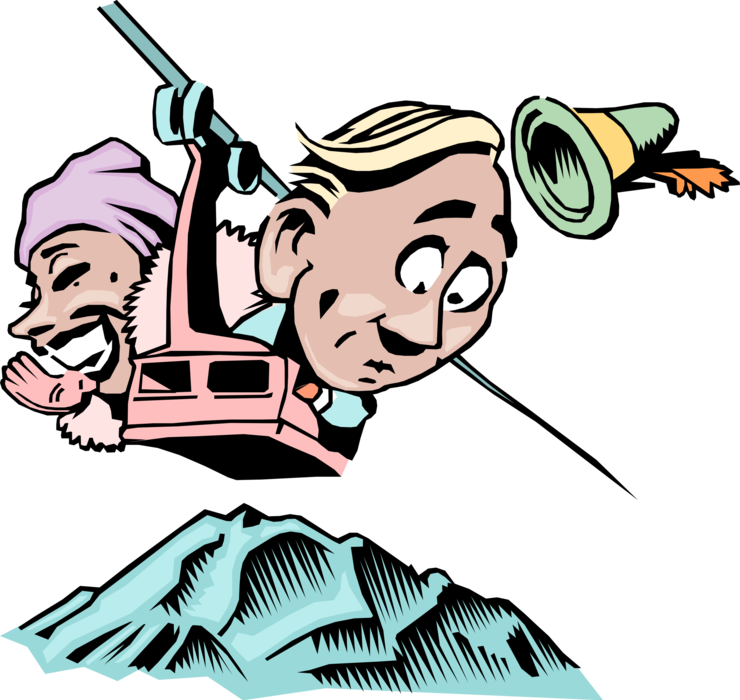 Vector Illustration of Man and Woman Share Gondola Ride Up Mountain