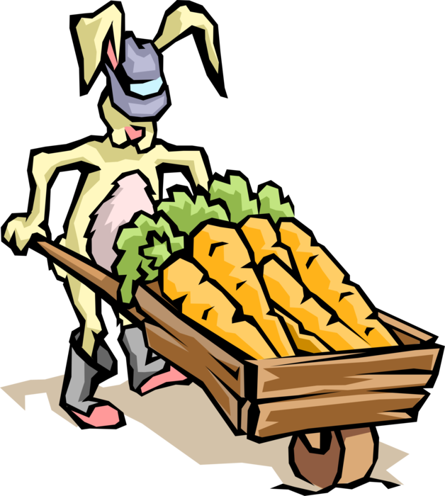 Vector Illustration of Small Mammal Rabbit Farmer Harvests Garden Vegetable Carrots