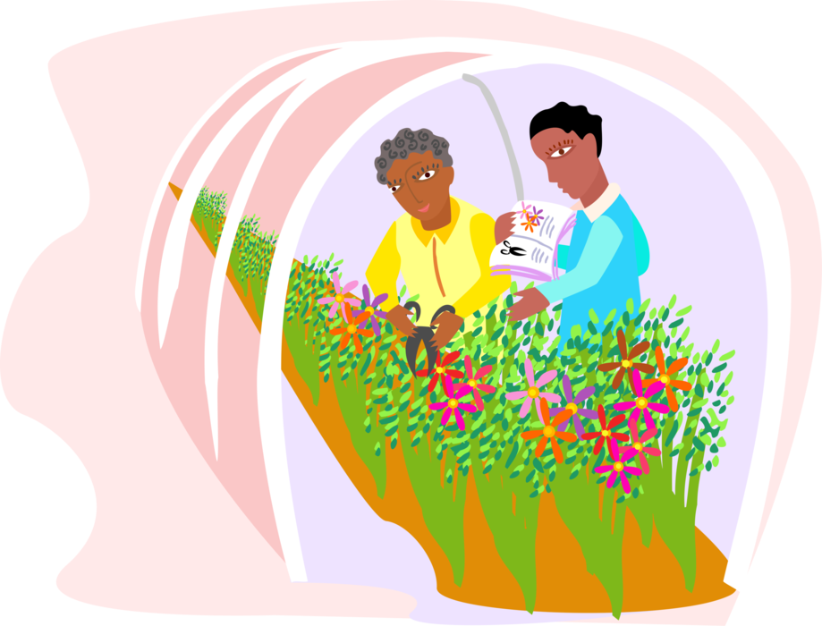 Vector Illustration of Workers in Plant Nursery Greenhouse