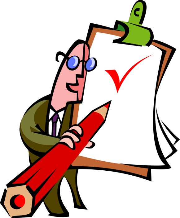 Vector Illustration of Businessman with Red Pencil and Checklist used for Comparison, Verification