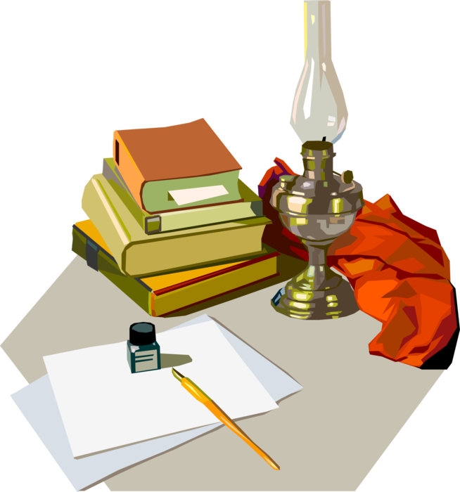 Vector Illustration of Kerosene Oil Lamp Hurricane Lantern with Pen, Inkwell and Writing Paper and Books