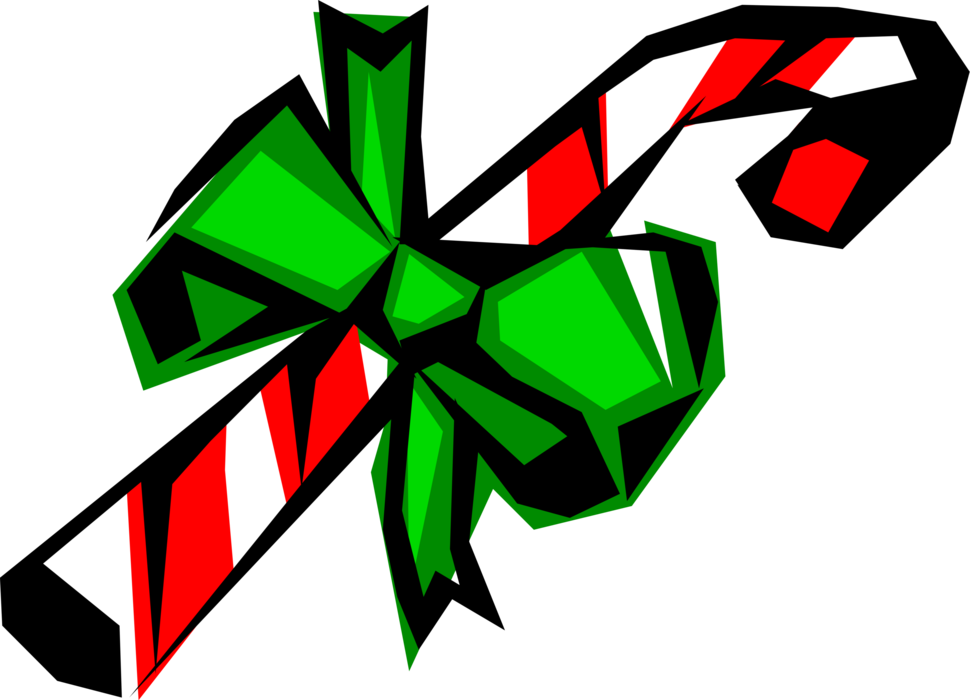 Vector Illustration of Holiday Festive Season Christmas Candy Cane or Peppermint Stick with Green Ribbon