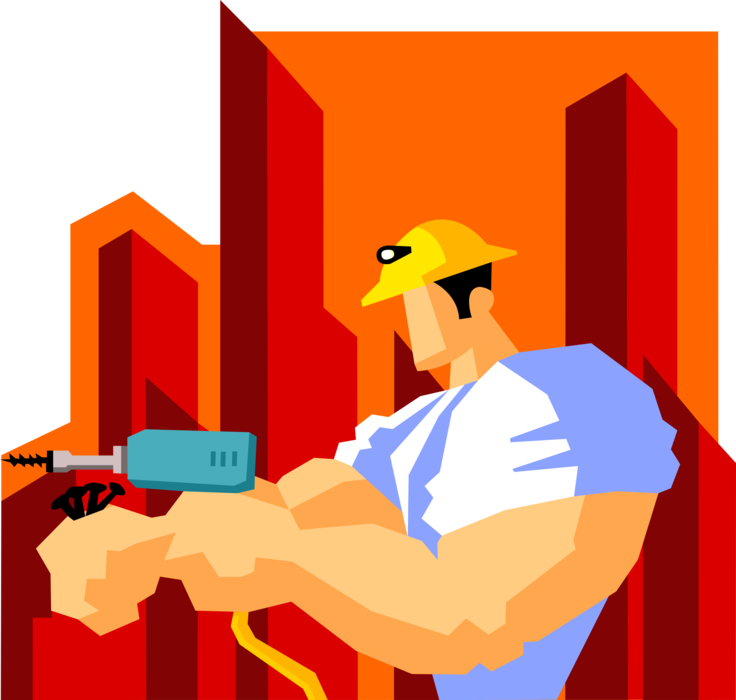 Vector Illustration of Powerful Construction Worker with Jacked Biceps and Forearms with Electric Drill