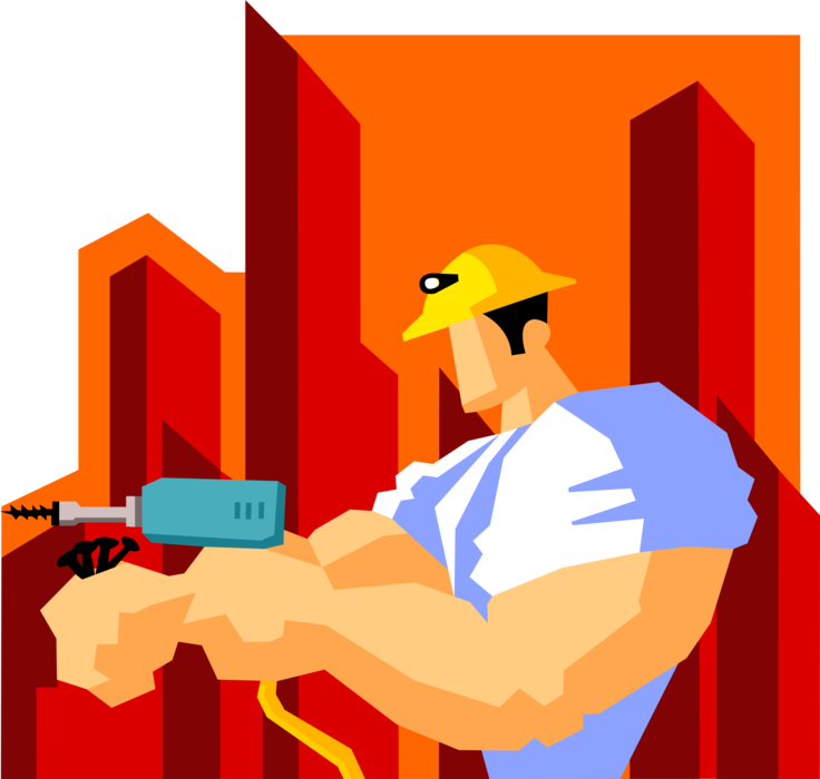 Vector Illustration of Powerful Construction Worker with Jacked Biceps and Forearms with Electric Drill