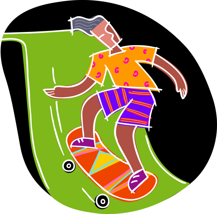 Vector Illustration of Skateboarder in Half-Pipe Ramp on Skateboard Skateboarding