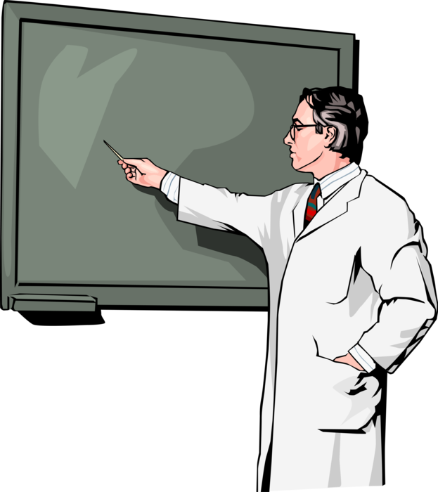 Vector Illustration of Academic University Professor Teaching and Points to Blackboard Chalkboard in Classroom