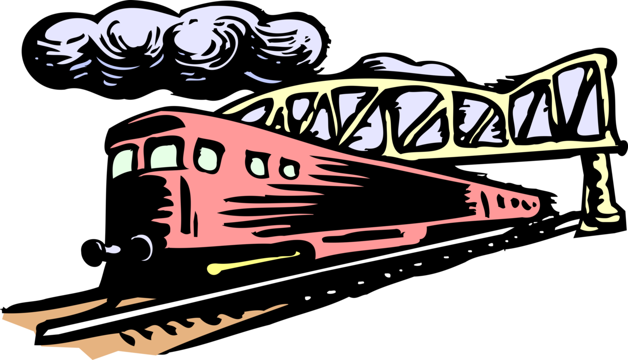 Vector Illustration of Railroad Rail Transport Speeding Locomotive Railway Train Passing Under Bridge