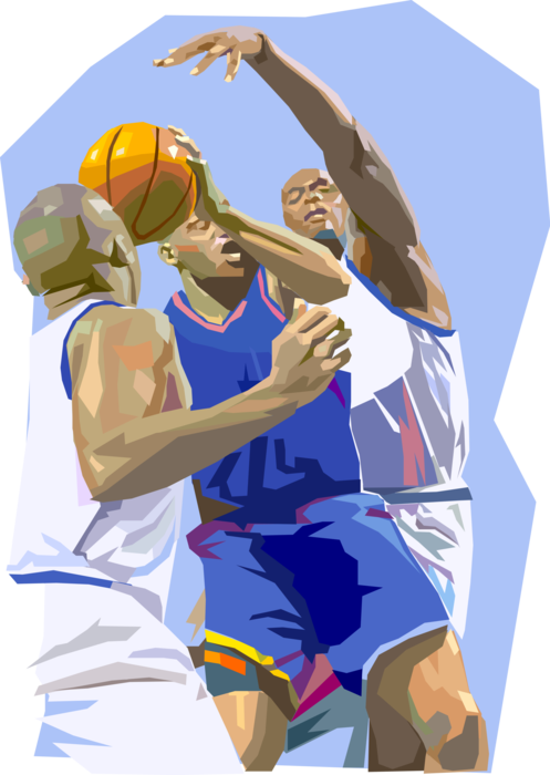 Vector Illustration of Sport of Basketball Game Players Fighting for Ball