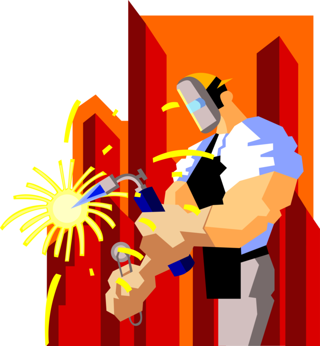 Vector Illustration of Powerful Construction Worker Arc Welder with Jacked Biceps and Forearms Welding