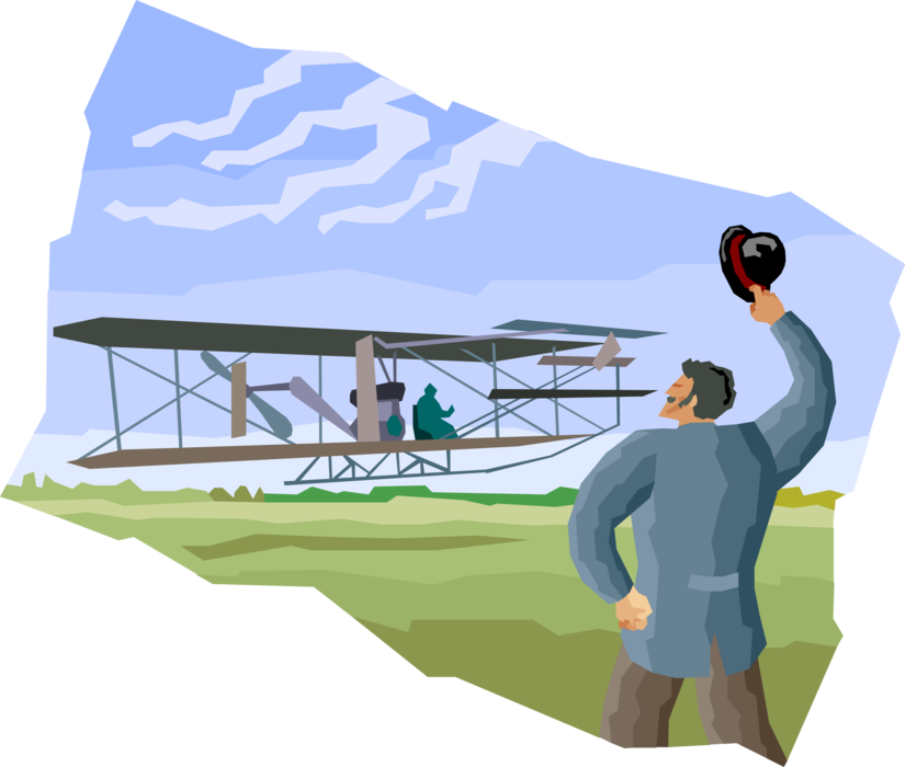 Vector Illustration of Wright Brothers at Kitty Hawk Demonstrate First Controlled Flight Aircraft