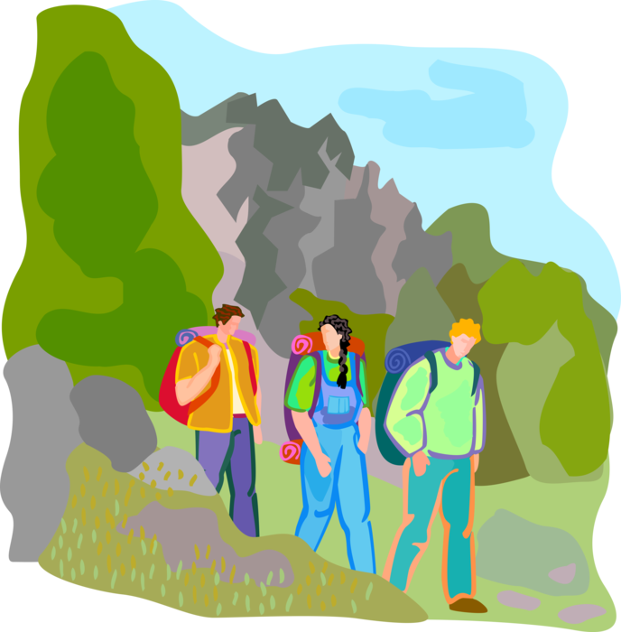 Vector Illustration of Three Hikers Hiking Outdoors with Backpacks and Camping Gear