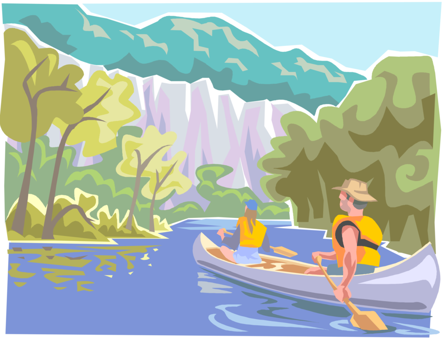 Vector Illustration of Canoeing Outdoor Enthusiasts Paddle Canoe Down River