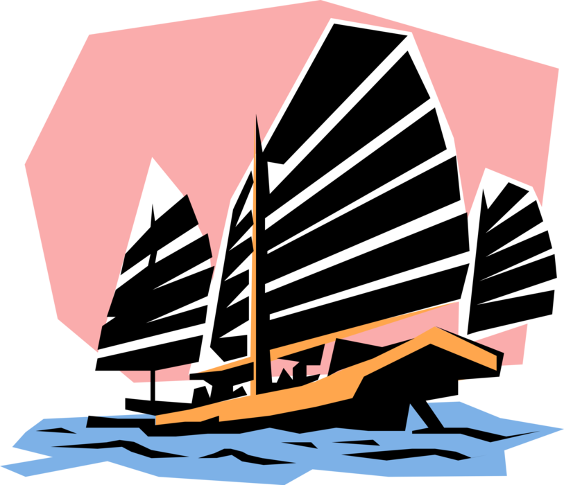 Vector Illustration of Chinese Junk Sailing Seagoing Vessel Ship