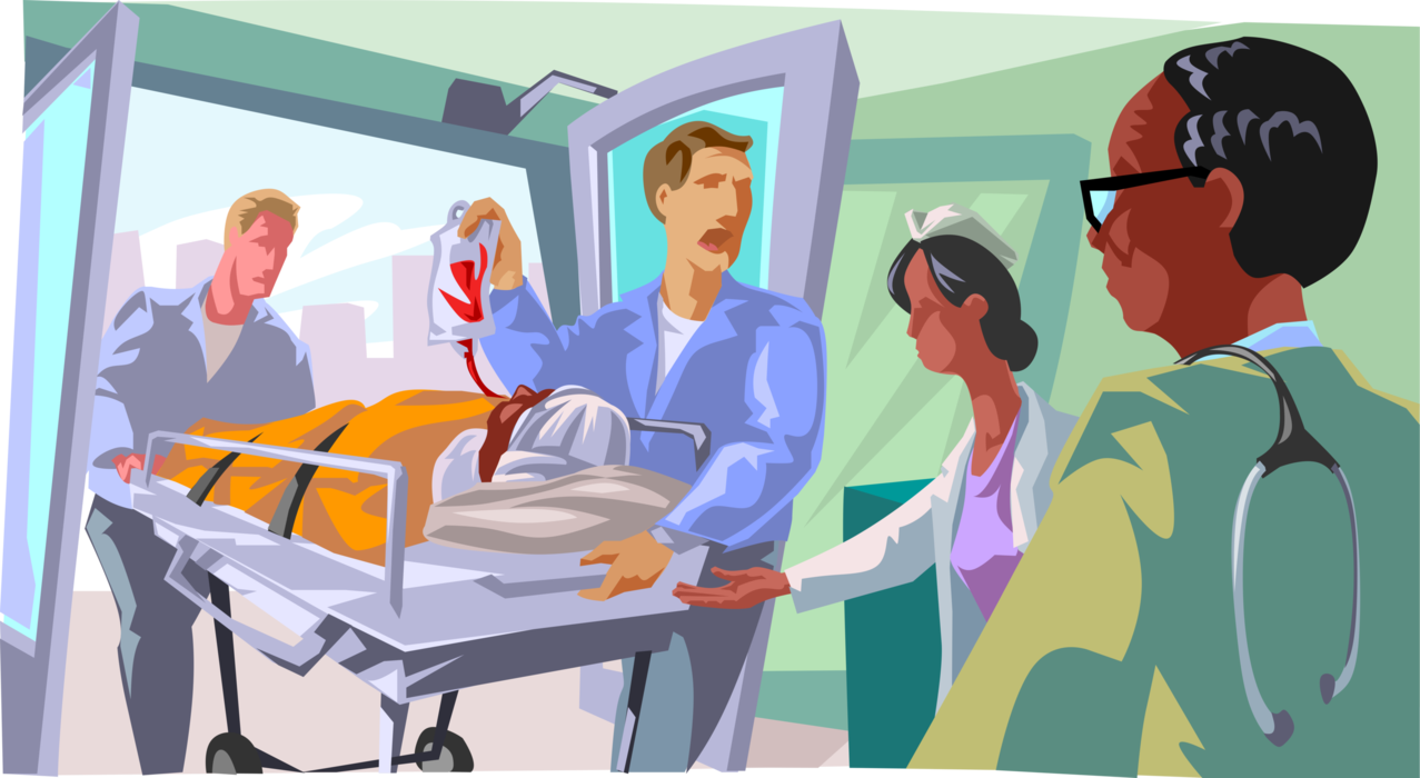 Vector Illustration of Emergency Room ER Patient on Gurney Arrives at Hospital for Treatment