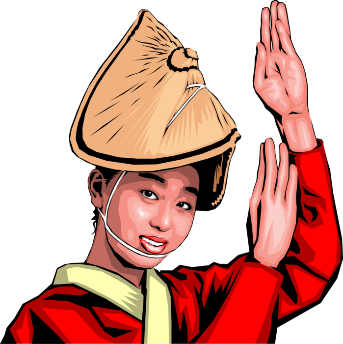 Vector Illustration of Japanese Woman in Traditional Hat and Dress