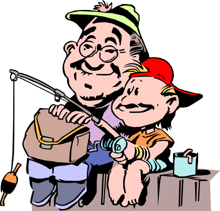 Vector Illustration of Father and Son Fishing from Dock