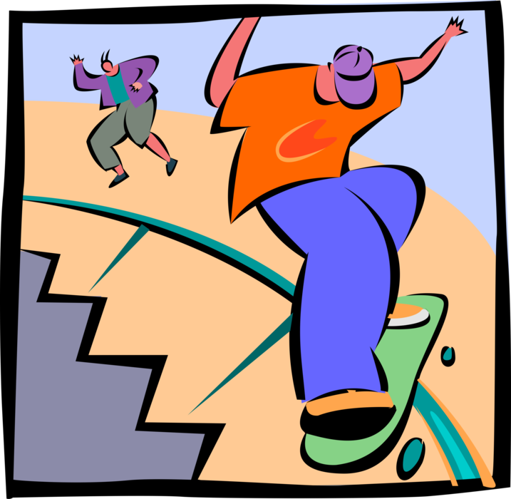 Vector Illustration of Skateboarders Skating Handrails While Skateboarding