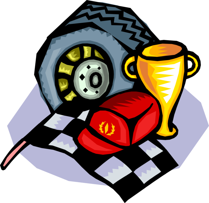 Vector Illustration of Auto Racing with Checkered or Chequered Flag and Winner's Trophy