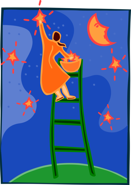 Vector Illustration of Girl Climbs Ladder Gathering Stars