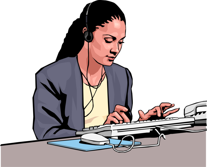 Vector Illustration of Businesswoman Listens to Music on Headphones and Types at Keyboard