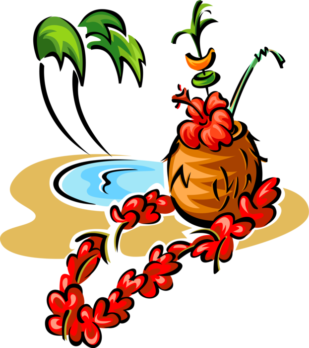 Vector Illustration of Tropical Hawaiian Coconut Drink with Palm Trees and Flower Leis