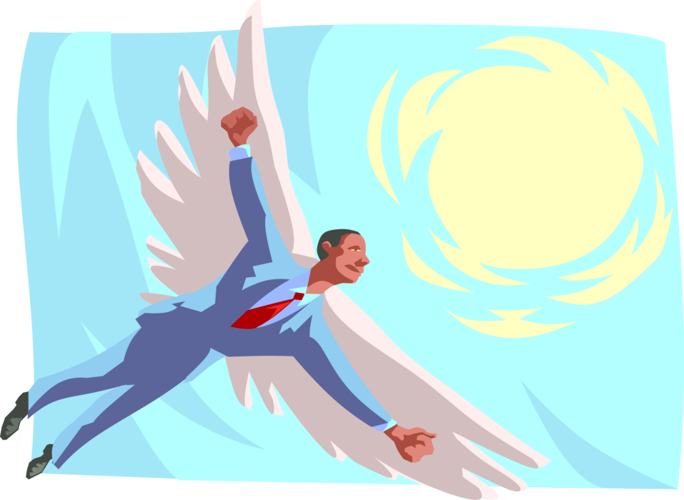 Vector Illustration of Businessman Soars Toward the Sun with Wings of Feathers