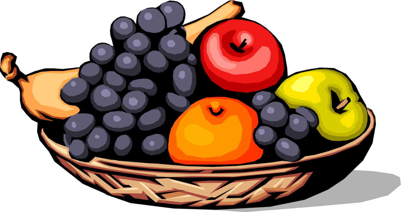 Vector Illustration of Assorted Fruit in Basket Grapes, Apples and Orange